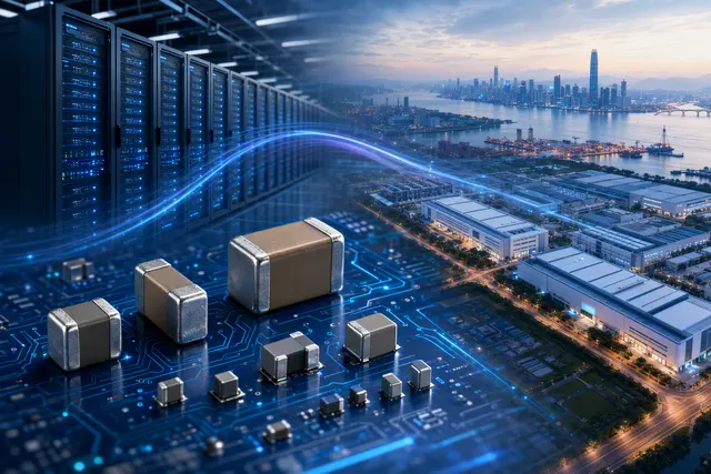 Illustration of multilayer ceramic capacitors and AI data-center circuitry