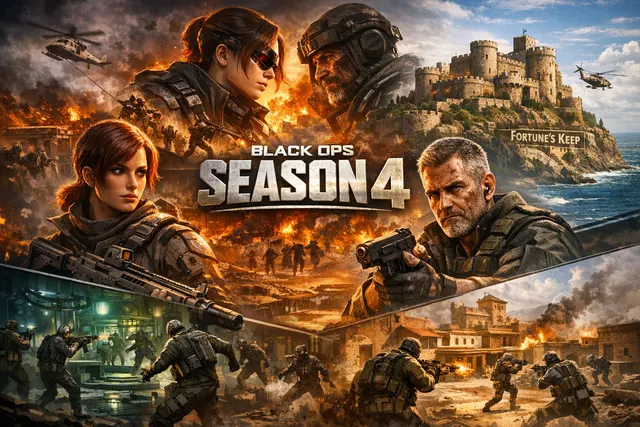 Black Ops 7 Season 4 key art showing the Karma-Dorne showdown and the return of Fortune's Keep, launching June 4, 2026.