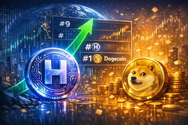 Abstract representation of crypto market rotation with HYPE's growth trajectory overtaking Dogecoin, symbolizing the shift from meme coins to revenue-backed utility tokens.