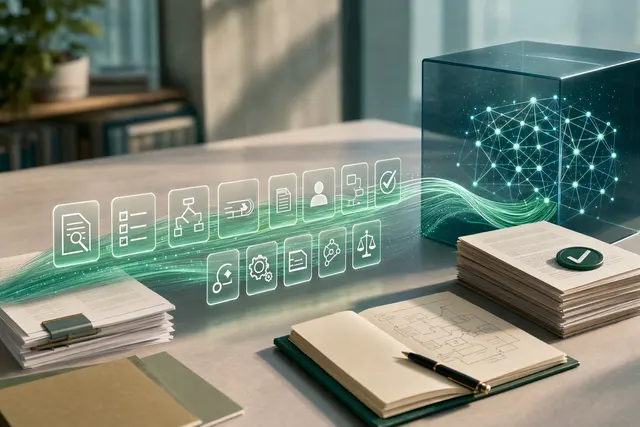 Illustration representing AI agents working through contract documents and software workflows