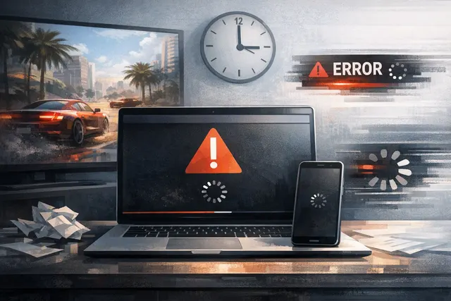 Stylized editorial illustration of the GTA VI Netflix premiere and streaming error disruption
