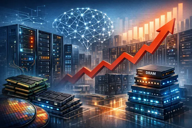Editorial illustration of stacked memory chips and AI server infrastructure during a global DRAM shortage