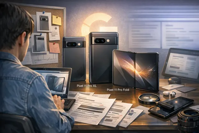 Conceptual rendering of the Google Pixel 11 Pro showing the Obsidian matte black finish and the camera bar with HiLight LED notification strip
