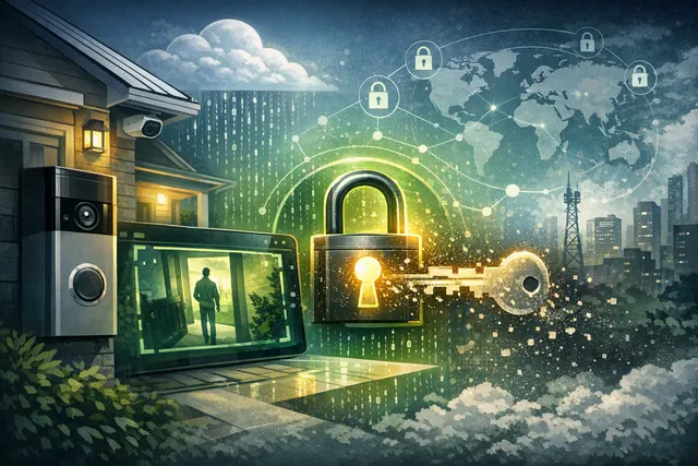 Illustration of a Ring doorbell camera protected by rotating encryption keys and a secure cloud vault