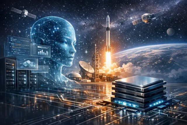 Editorial illustration of Nvidia Vera CPU infrastructure supporting SpaceXAI agentic AI and an orbital AI satellite