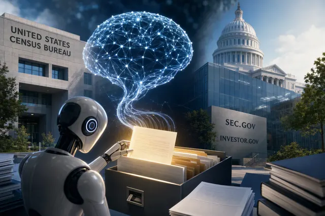 Editorial illustration representing AI agents accessing public government information