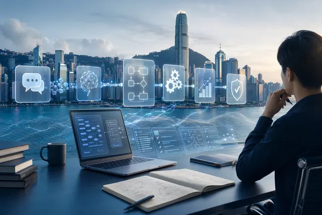 香港上班族在數碼工作台上設計 AI 工作流、自動化和資料驗證流程