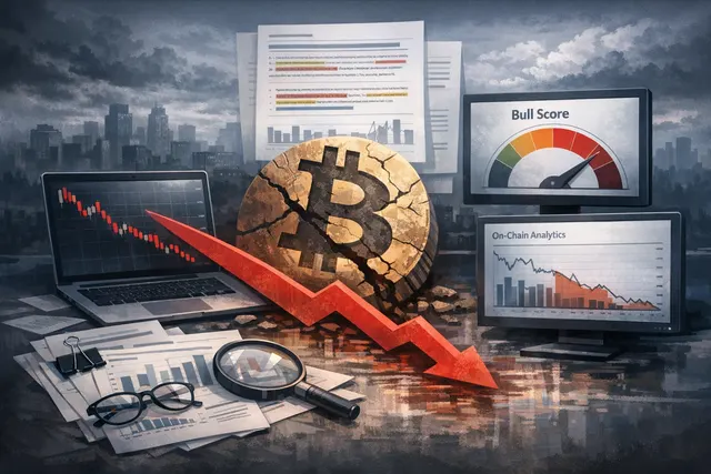 Bitcoin price chart with bearish indicators and on-chain metrics overlay