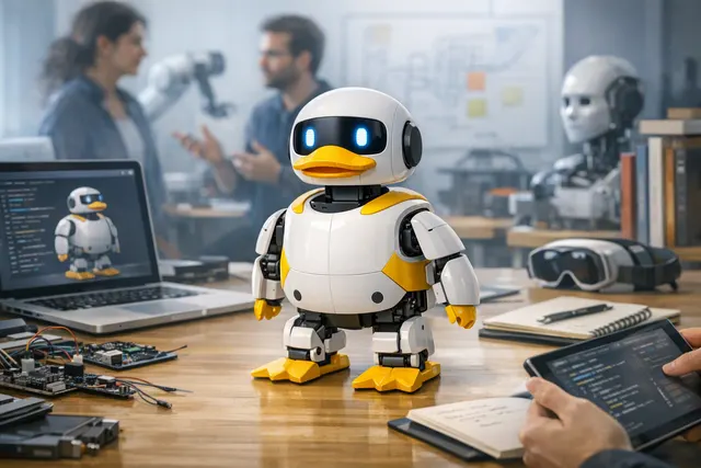 Illustration of Hugging Face’s small duck-shaped Microduck robot standing on a desk