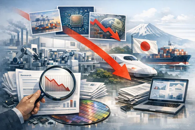 Illustration of semiconductor manufacturing equipment with Japan and China flags representing trade tensions in the chip industry