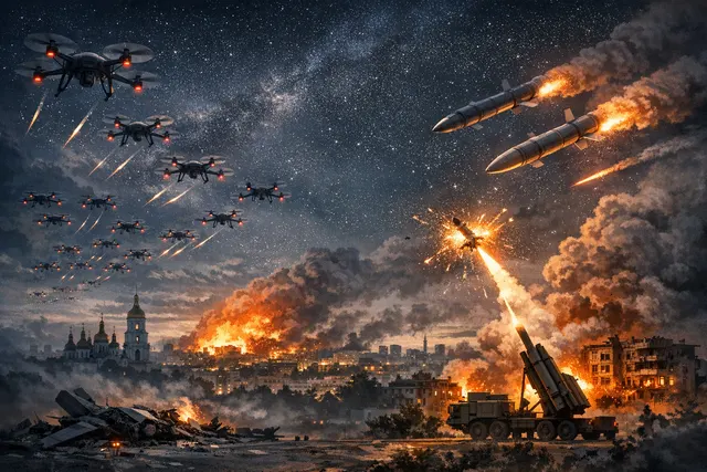 Aerial view of a city at night with multiple lines of light tracing the paths of interceptor missiles and drones, with explosions on the horizon.