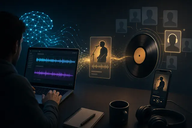 Editorial illustration of an AI-generated song being routed to a music streaming artist profile