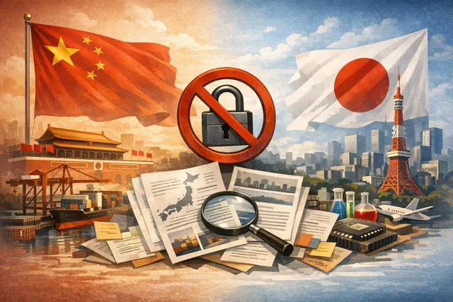 A stylized globe centered on East Asia with red and blue arrows representing trade restrictions between China and Japan, with text overlays reading 'Export Control' and 'Watch List
