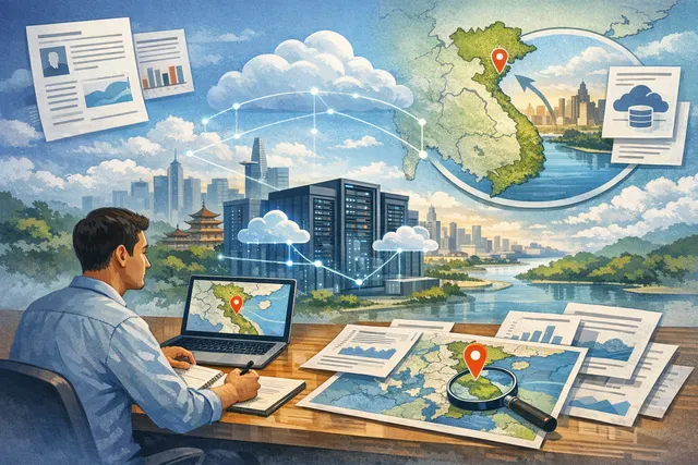 AWS cloud infrastructure concept showing a connected globe centered on Vietnam, with data nodes and latency lines radiating from Hanoi.