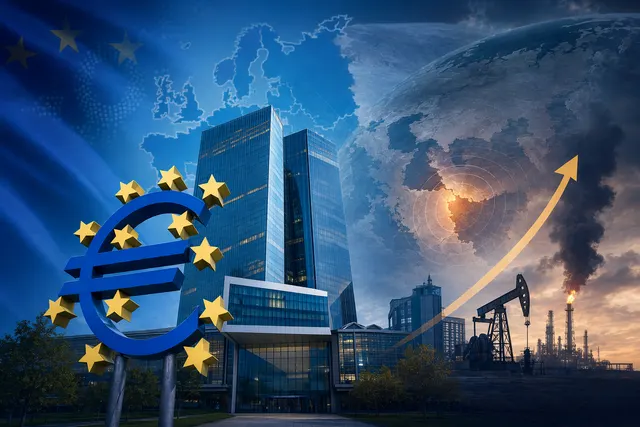 Editorial illustration representing the European Central Bank and rising interest rates amid energy price shocks