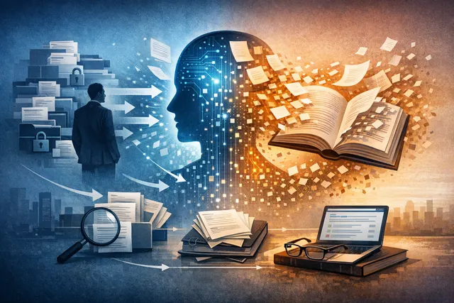 Abstract digital illustration of a human silhouette with data streams flowing outward, representing the Reverse Information Paradox where enterprise knowledge leaks to AI model pro