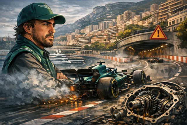 Fernando Alonso looking concerned in the Aston Martin garage with the 2026 AMR26 car visible in the background, highlighting the team's struggles ahead of the Monaco Grand Prix.