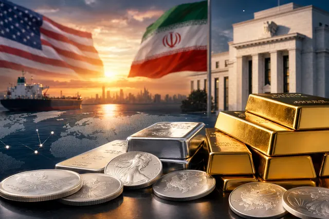Gold and silver bars with market charts reflecting U.S.–Iran peace-talk optimism