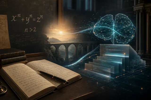 Editorial illustration of AI-assisted formal mathematics and Fermat’s Last Theorem verification in Lean