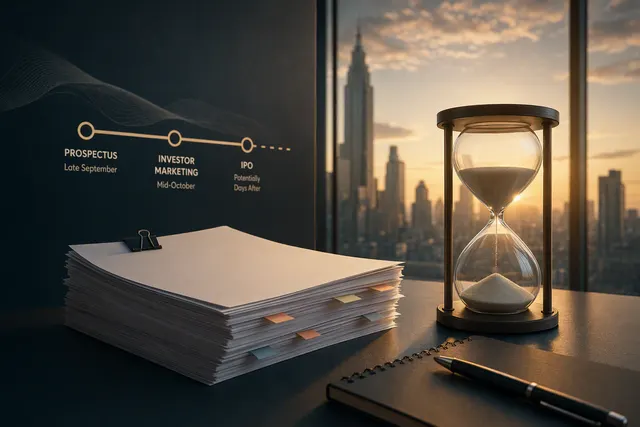 Editorial illustration of Anthropic’s reported IPO preparations and market timeline