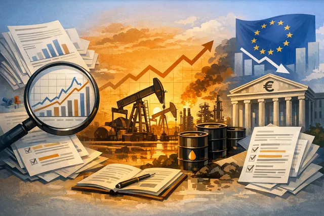 An illustration representing euro zone inflation, oil prices, and ECB monetary policy: a glowing euro symbol, an oil barrel, and an ECB building in the background, with price chart