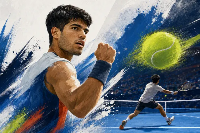 Carlos Alcaraz competing at the US Open during his 2026 title defence