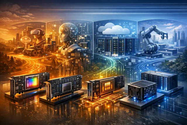 Abstract editorial illustration of four Chinese GPU companies competing across AI chips, data-centre computing and graphics