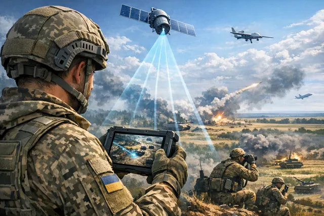 Satellite view overlaid with a smartphone interface showing a drone operator receiving real-time battlefield intelligence.