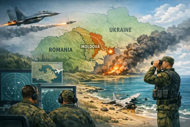 Editorial illustration of an aerial security alert near the Black Sea as fighter jets monitor an unidentified target near Ukraine