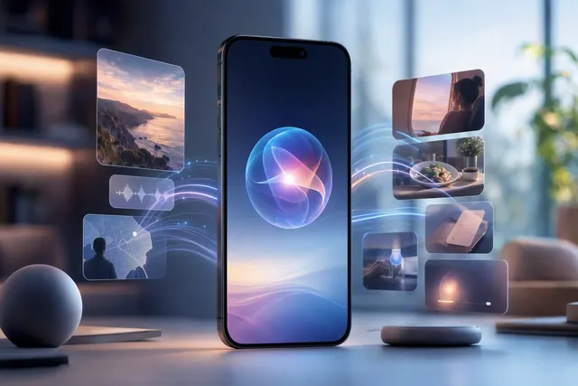 Editorial illustration of Apple’s Siri AI assistant and generative AI technology