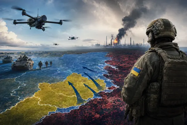 Illustration of Ukraine regaining battlefield initiative with drone warfare and frontline fighting in the Russia–Ukraine war