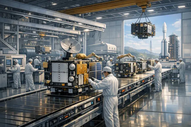 Illustration of a high-volume satellite assembly line connected to a launch facility in China