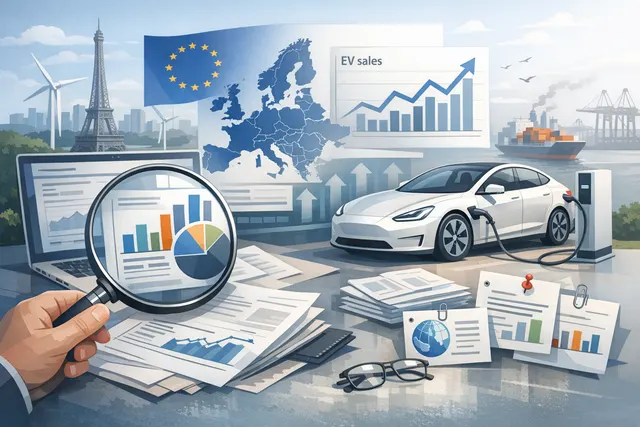 Electric vehicle charging at a station in Europe with a city skyline in the background, representing the growing EV market in 2026.