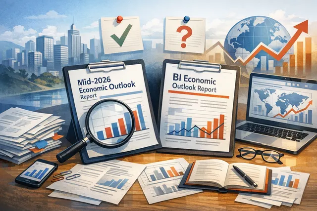 Conceptual image representing the global economy in 2026 with oil barrels, stock charts, and an AI chip, contrasting two economic outlooks.