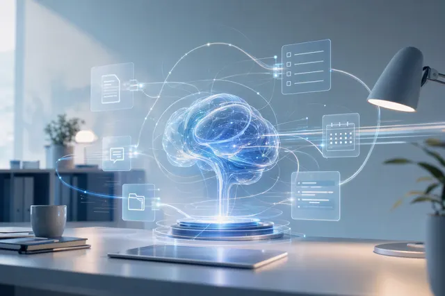 Editorial illustration representing an AI agent coordinating digital tasks across apps and smart-home devices