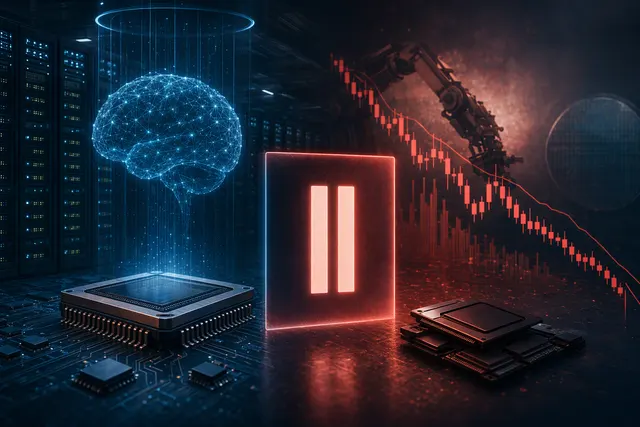 AI-generated editorial illustration accompanying an article about OpenAI’s model-training pause and market reaction.