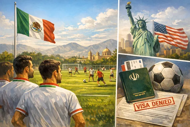 Illustration depicting the 2026 World Cup geopolitical dynamic with Iran's team relocating its base from the United States to Mexico