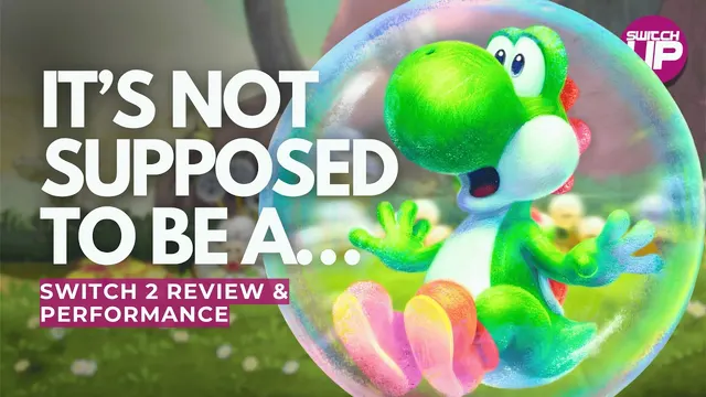 Yoshi and the Mysterious Book Nintendo Switch 2 review thumbnail featuring Yoshi in a storybook-style level with a creature