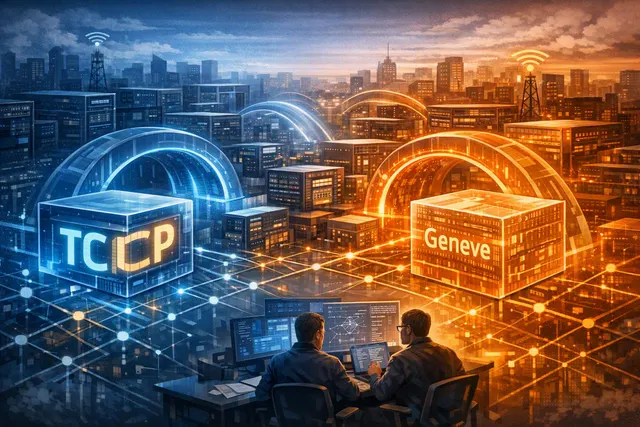 Editorial illustration of Linux kernel networking, overlay tunnels, and AI-generated code review