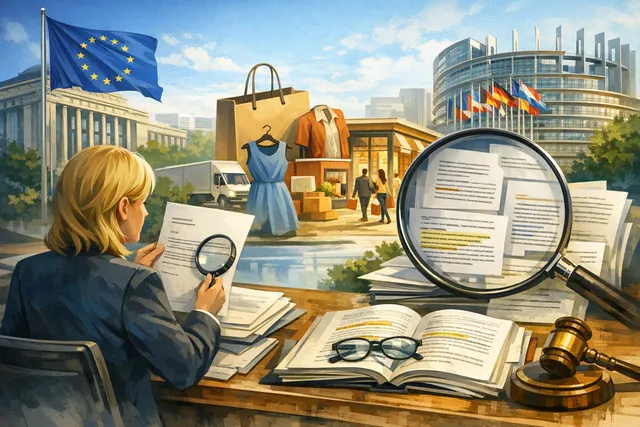 Abstract illustration of a gavel and a shopping cart with AI and EU flags in the background, symbolizing the legal debate over AI-generated advertising transparency rules.