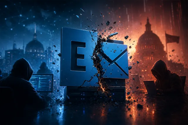 Illustration of Microsoft Exchange servers under cyberattack representing zero‑day vulnerabilities and exploit chains