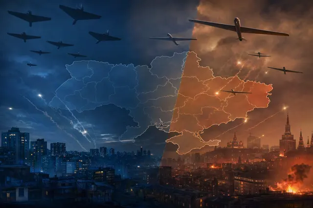 AI-generated editorial illustration of a nighttime drone strike exchange in the Russia-Ukraine war