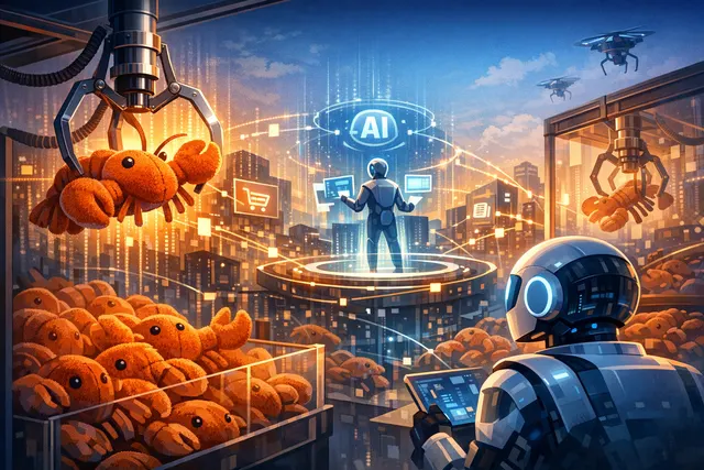 Digital illustration of a robotic AI agent with a glowing lobster claw, representing the clash between managed and open-source autonomous AI platforms.