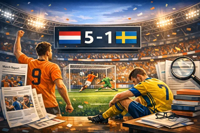 Netherlands players celebrating their 5-1 victory over Sweden in the 2026 FIFA World Cup Group F match at NRG Stadium, Houston.