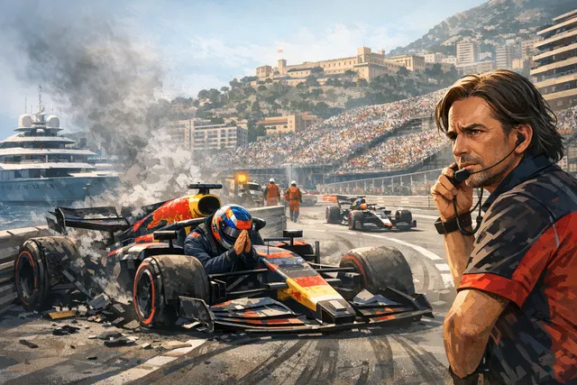 Max Verstappen's Red Bull car stalled on the starting grid at the 2026 Monaco Grand Prix with race lights overhead and pit crews reacting in the background