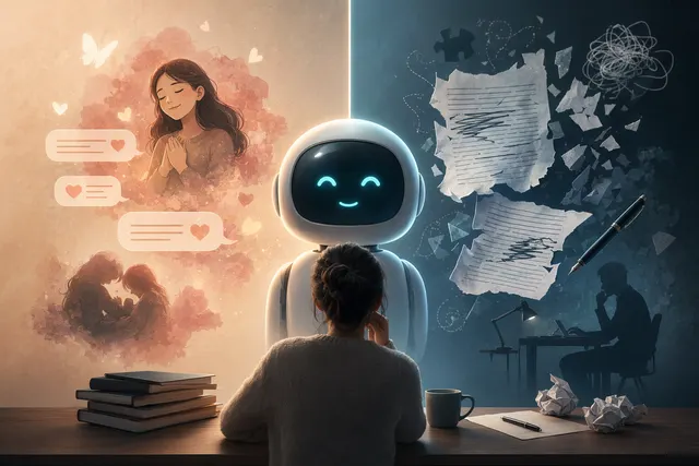 AI 聊天界面与写作文本交织的抽象插画，表现情绪回应和文风变软的冲突