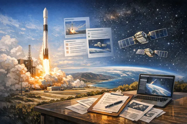 AI-generated editorial illustration of the SpaceX Falcon 9 Starlink 17-40 launch from Vandenberg Space Force Base.