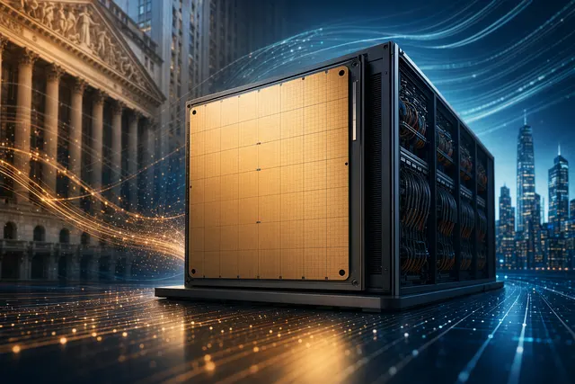 Illustration of giant AI wafer-scale processor symbolizing Cerebras’ chip architecture and its IPO surge challenging Nvidia