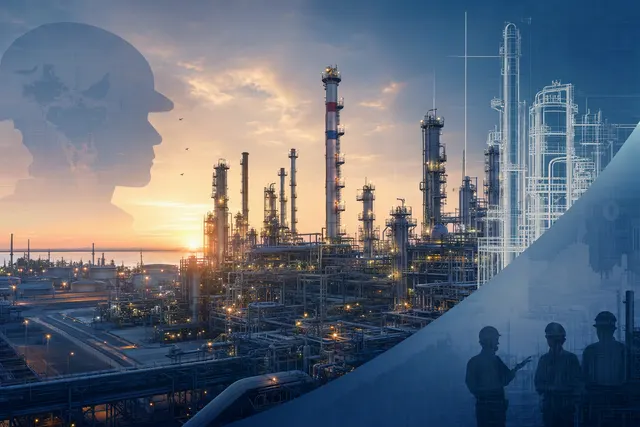 Editorial illustration of a large oil refinery and fuel-export infrastructure