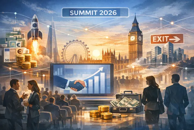 Collage representing the European tech funding boom in May 2026, featuring London's skyline, a fusion energy symbol, and fintech payment icons.